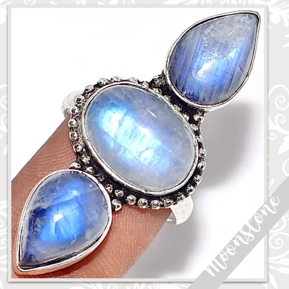 Rainbow Moonstone Silver Artisan Ring, Size 7.5 (Pearl White, Blue-Violet flash) - Picture 2 of 2